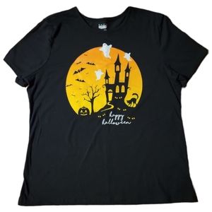 Basic Editions Happy Halloween T-Shirt Unisex Cat Pumpkin Bat Ghost Castle Tree